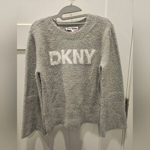 DKNY JEANS Eyelash Fuzzy Logo Sweater Small Gray Silver Metallic Knit Crewneck